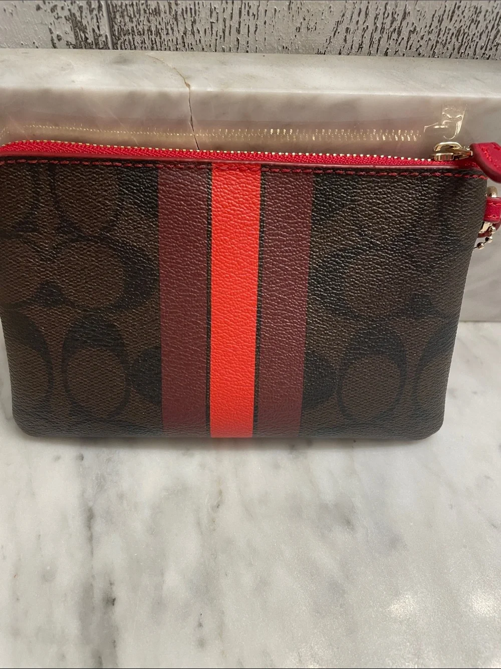 Sharp Coach Brown and Red Signature Wristlet with Red Stripe and Red Strap